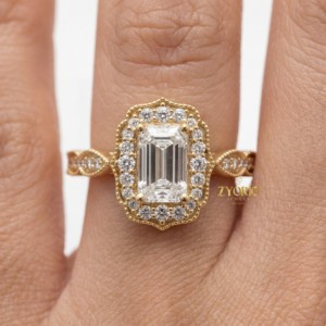 925 Sterling <b>Silver</b> <b>Emerald</b> Cut Lab Grown Diamond Vintage Halo Engagement <b>Ring</b> Milgrain Antique Bridal <b>Ring</b> Women - Product Image 2