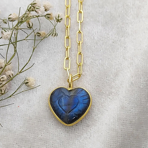 Gemstone Heart Carving Pendant <b>Necklace</b> Handmade 15mm Heart Shape Carving Gold Plated Bezel <b>Necklace</b> Birthstone <b>Necklaces</b> - Product Image 3