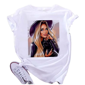 Women's White Short Sleeve O-Neck <b>T</b>-Shirt With Digital Print Girl And <b>Cat</b> Casual Jersey Top Regular Fit All Seasons Cotton - Product Image 1