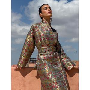 Traditional Winter Kimono-<b>kaftan</b> Peach Silk Brocade Subtle Textured Motif High Neckline Floor-Length Wrinkle-Free - Product Image 6