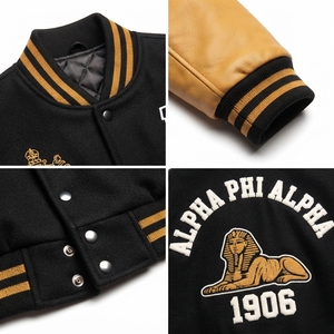 Blouson universitaire en laine métonnée épaisse avec manches en cuir véritable, appliqué en chenille, personnalisable OEM, vêtement d'extérieur pour fraternité - Product Image 4