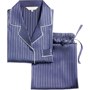 Ensemble de pyjama en satin rayé bleu pour femme, manches longues, longueur intégrale, vêtements de nuit classiques, col rabattu, fermeture à boutons - Product Image 3