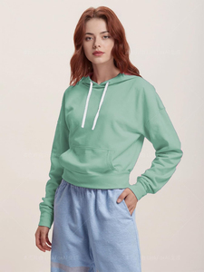 Sweat-shirt à capuche vert menthe pour femme, manches longues, tricoté, couleur unie, décontracté, respirant, vêtements d'hiver, poches, 100% coton - Product Image 5