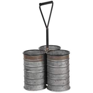 Porta Cubiertos de Metal Galvanizado de 3 Compartimentos con Acabado Rústico Desgastado y Práctica Asa Superior para Uso en la Cocina del Hogar - Product Image 1