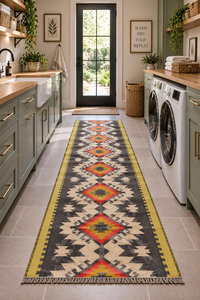 Southwestern Charcoal Cream Mustard Red Wool Jute <b>Runner</b> <b>Rug</b> Handwoven Geometric Kilim Boho Farmhouse Hallway Long <b>Runner</b> - Product Image 3