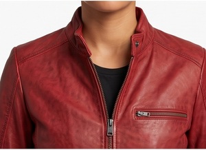 Veste en cuir rouge ajustée pour femme, col rabattu, style moto, coupe slim personnalisée, fermeture éclair intégrale, fournisseur en gros - Product Image 4