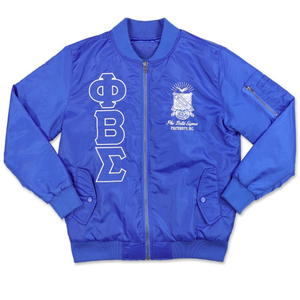 Chaqueta Bomber Azul Rey con Escudo de Letras Griegas Phi Beta Sigma para Hombre, Chaqueta con Cierre, Corte Clásico - Product Image 1