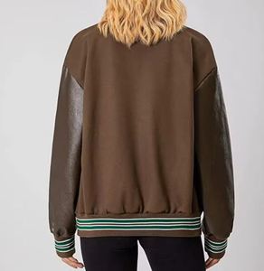 Chaqueta Universitaria de PU Marrón para Mujer, Estilo Casual con Botones, Chaqueta Deportiva de Béisbol, Corte Regular, para Otoño - Product Image 2