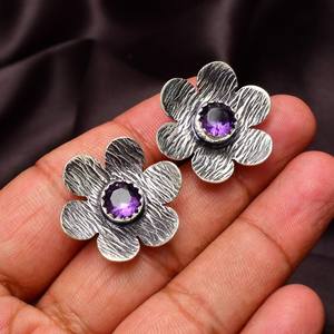 ต่างหูดอกไม้ทำมือจากอเมทิสต์ เงินแท้ 925 เครื่องประดับพลอยธรรมชาติ หินสีม่วง ต่างหูสำหรับผู้หญิง ของขวัญ - Product Image 5