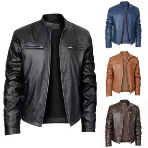Veste en cuir noire pour homme, col montant, fermeture éclair, style motard, couleur unie, manches classiques, pour l'automne - Product Image 1
