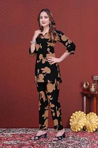 Ensemble coordonné pour femmes en microfibre noire, imprimé écologique, col rond, deux pièces, taille plus, du S au 6XL, vente en gros Kiran Nexus - Product Image 2