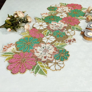 Charming blue and white multi-shade daisy floral layout handcrafted beaded <b>table</b> <b>runner</b>, available at wholesale prices. - Product Image 3