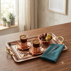 Plateau rectangulaire en cuivre gravé avec poignées en laiton, motif floral traditionnel, plateau de service décoratif pour hôtel et décoration intérieure - Product Image 3