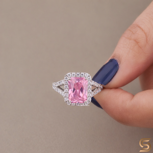 18K Solid Gold Pink Radiant Cut <b>Ring</b> Halo Moissanite <b>Split</b> Shank Engagement <b>Ring</b> Vintage Bridal Promise <b>Ring</b> By Satani Brothers - Product Image 1