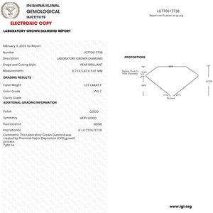 เพชรทรงลูกแพร์ 1.01 กะรัต สี F ความสะอาด VVS2 เพชรเพาะเลี้ยงในห้องปฏิบัติการ รับรองโดย IGI - Product Image 3