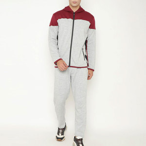 Men's Hooded Tracksuit Set Gray <b>Red</b> Color Block Full Sleeve Zipper Casual Sweat <b>Suit</b> With Side Pockets Autumn Wear - Product Image 1