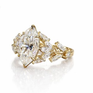 แหวนหมั้นเพชรทรงมาร์คีส์เพาะเลี้ยงในทองคำ 14K ดีไซน์ธรรมชาติ แหวนเจ้าสาวทรงมาร์คีส์ เครื่องประดับงานแต่งงาน - Product Image 3