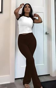 Pantalon de survêtement taille haute à jambes larges et haut court de yoga à manches courtes pour femme, ensemble de sport uni avec taille élastique - Product Image 4