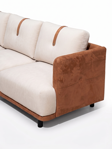 Sofá moderno de tres plazas tapizado con cojines de tela y detalles en cuero para sala de estar - Product Image 6