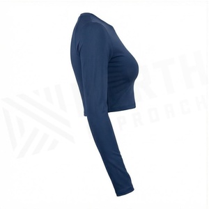 North Approach Women's Long Sleeve <b>Crop</b> <b>Top</b> Crew Neck Solid <b>Blue</b> Breathable Yoga Wear Spandex Polyester - Product Image 3