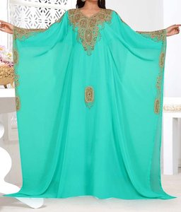 Abaya Azul Rey Bordada hasta el Tobillo, Estilo Oriente Medio, Ligera, de Poliéster, Cuello Alto, Manga Larga, para Mujer - Product Image 3