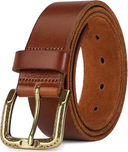 Ceinture en cuir de vachette marron avec boucle rectangulaire en cuivre, design décontracté et durable - Product Image 3