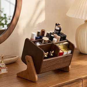 Wood Makeup Organizer With 4 Compartments For Cosmetic Storage Elegant Desktop Holder For Brushes <b>Lipstick</b> And Skincare Bottles - Product Image 3