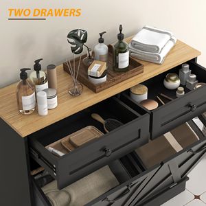Mobiletto da Bagno Nero Ribaltabile con 2 Cestini Rimovibili e 2 Cassetti per Organizzazione del Cesto della Biancheria - Product Image 6