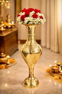 Vase à fleurs en laiton artisanal, urne en métal gravée Meenakari traditionnelle, décoration pour la maison et le bureau, grand vase de sol moderne, finition polie - Product Image 6
