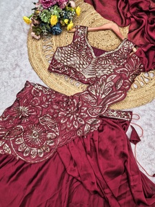 Ensemble Lehenga Choli Saree en Soie Véritable Brodé Bordeaux à Séchage Rapide, Longueur Ras du Sol, Tenue de Mariage et de Fête pour Femme - Shivam Hub - Product Image 3