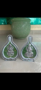 Handcrafted Pure 999 <b>Silver</b> Lord Ganesha and Goddess Lakshmi Idols on Sacred Peepal Leaf Base in Protective Acrylic Frame - Product Image 2