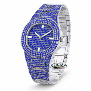 Montre pour homme en acier inoxydable avec diamant bleu moissanite, montre-bracelet à quartz analogique unisexe - Product Image 2