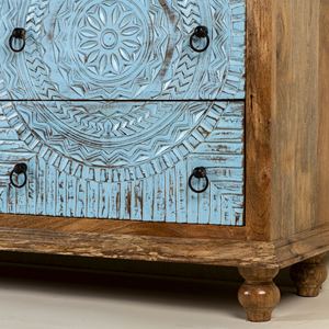 Commode à six tiroirs en bois de manguier sculpté à la main, écologique, bleu rustique, avec motif mandala, meuble de rangement pour salon - Product Image 5