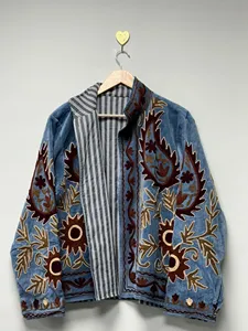 <b>Women</b> Sky Blue <b>Velvet</b> Suzani Embroidered <b>Jacket</b> with Floral Pattern Full Sleeve Stand Collar Bohemian <b>Women's</b> Autumn Coat - Product Image 2