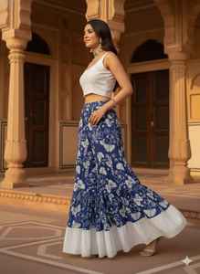 Pantalones Palazzo con Estampado Floral Azul, Pantalones Anchos de Algodón con Estampado a Mano, Pantalones Bohemios de Verano para Mujer, Ropa Étnica India - Product Image 3