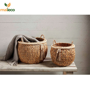 Panier de stockage d'eau en jacinthe vintage fait à la main avec poignées tressées forme ronde élégante facile à transporter pour la décoration intérieure - Product Image 6