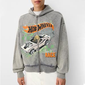 2024 High Quality Custom High Gsm 100% Cotton Sun Faded Acid Wash cotton blended Oversized screen print Zip up Hoodies <b>for</b> Men - Product Image 4