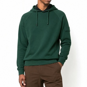 Sweat-shirt à capuche unisexe vert foncé, coupe classique, manches raglan, couleur unie, décontracté, en coton tricoté, avec poche, pour l'hiver, séchage rapide - Product Image 1