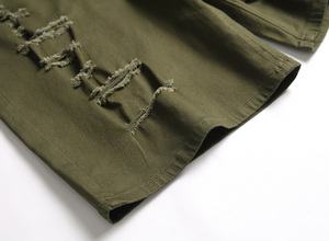 Shorts cargo déchirés en jean tissé vert olive pour homme, coupe large, décontractés, respirants, 100 % coton, effet vieilli, pour l'hiver et l'automne - Product Image 5