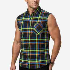 Camisa de Franela a Cuadros sin Mangas para Hombre, Textura Sólida Personalizada, con Botones, Estilo Casual de Verano, con Bolsillo, Camisa de Algodón para Hombre al por Mayor - Product Image 1