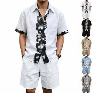 Ensemble chemise et short en lin bleu clair pour homme, tenue décontractée d'été, coton tissé respirant, ensemble deux pièces - Product Image 2