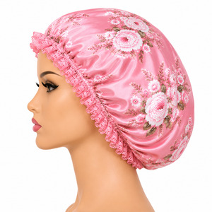 Bonnet de nuit en satin rose à motifs floraux pour femme, ajustable, élastique, pour usage domestique, 54-56 cm, style tendance - Product Image 3