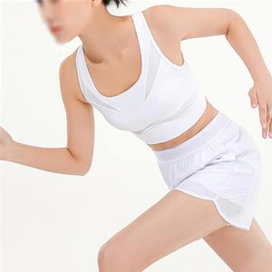 Ensemble de yoga unisexe blanc : Crop top à col rond, short taille haute et brassière, 100% coton, anti-humidité, taille élastique, sans manches - Product Image 6