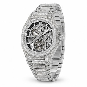 Montre de luxe pour femme en or et diamants, boîtier polygonal, cadran bleu, affichage analogique de la date, mouvement à quartz - Product Image 4