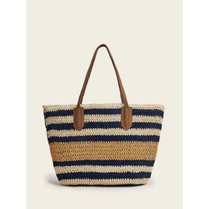 Sac fourre-tout rayé tissé pour femme, sac de plage à fermeture ouverte, grande capacité, sac à bandoulière souple pour l'été, en promotion - Product Image 2