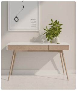 Escritorio moderno de madera escandinava con superficie blanca y tres cajones para uso en oficina en casa - Product Image 5