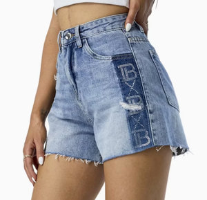 Custom Side Rhinestone Short Pants Raw Hem Frayed Denim Shorts Women - Product Image 3