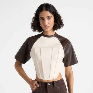 Women's PU Color Blocked Crop <b>Top</b> <b>Raglan</b> Sleeve Crew Neck Slim Fit Minimalist Style Short Sleeve Woven Fabric Breathable - Product Image 3