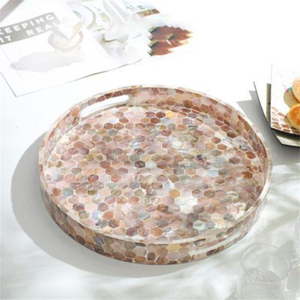 Plateau de service rond fait main en nacre avec incrustation de mosaïque géométrique bleue en coquillages, assiette décorative personnalisée OEM, vente en gros, plateau de table en nacre - Product Image 3