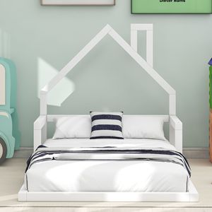 Letto singolo bianco per bambini con testiera a forma di casetta, design ispirato ai pavimenti in legno - Product Image 3